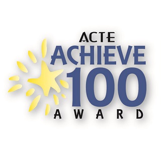 Blue and white and yellow graphic for ACTE's Achieve 100 Award