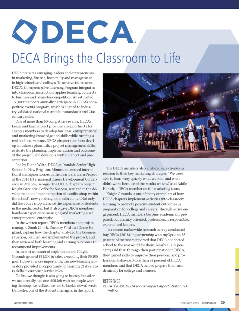 DECA Brings the Classroom to Life. Read Techniques February 2019 issue, page 29, to learn more.
