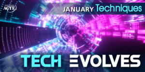January Techniques: Technology Evolves graphic, blue and pink abstract circular design — a digital multiverse