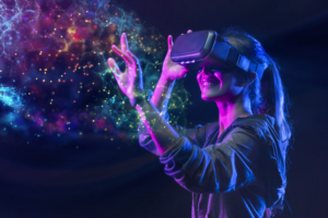 VR, AR and AI are transforming how we learn: A student explores space using a virtual reality headset