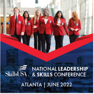 Image depicts a group of students in red blazers attending SkillsUSA's National Leadership and Skills Conference, happening next in Atlanta, June 2022
