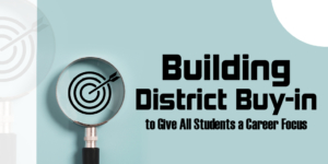 Green and white graphic with an archery target inside a magnifying glass and text that reads, Building District Buy-in to give all students a career focus